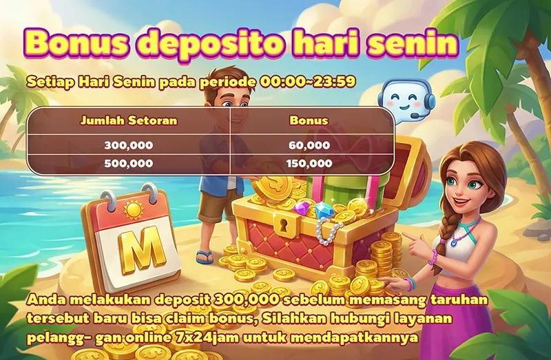 Bonus deposito hari senin. Setiap Hari Senin pada periode 00:00~23:59. Jumlah Setoran 300,000 Bonus 60,000; Jumlah Setoran 500,000 Bonus 150,000. Anda melakukan deposit 300,000 sebelum memasang taruhan tersebut baru bisa claim bonus, Silahkan hubungi layanan pelanggan online 7x24jam untuk mendapatkannya.