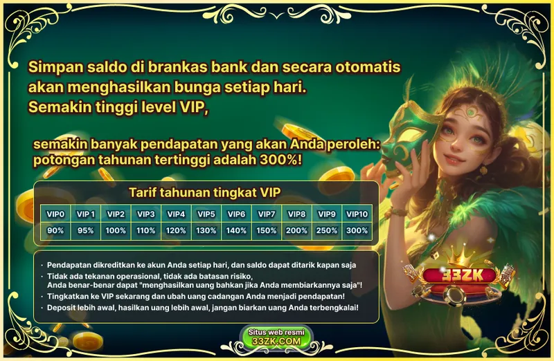 Simpan saldo di brankas bank dan secara otomatis akan menghasilkan bunga setiap hari berdasarkan level VIP, dengan tarif tahunan hingga 300%. - 33zk