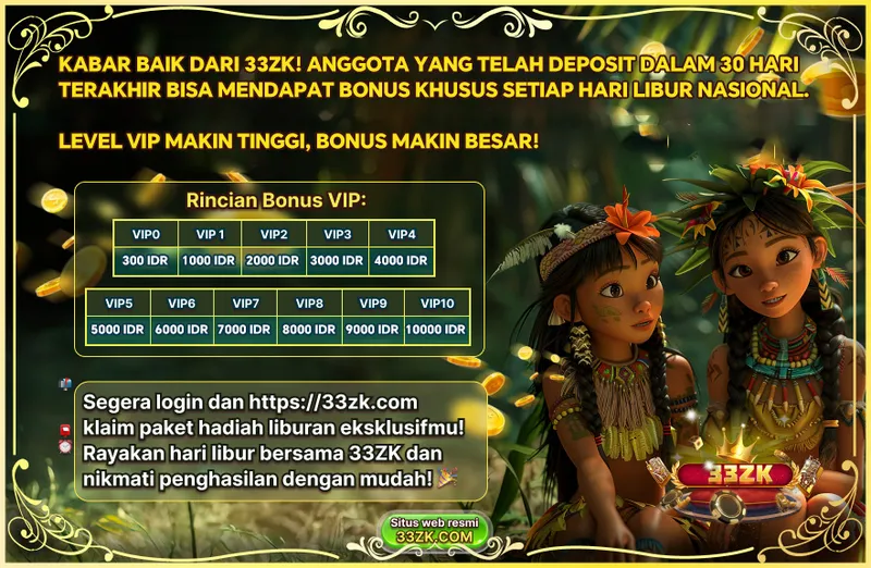 KABAR BAIK DARI 33ZK! ANGGOTA YANG TELAH DEPOSIT DALAM 30 HARI TERAKHIR BISA MENDAPAT BONUS KHUSUS SETIAP HARI LIBUR NASIONAL. LEVEL VIP MAKIN TINGGI, BONUS MAKIN BESAR! Rincian Bonus VIP: VIP0: 300 IDR, VIP1: 1000 IDR, VIP2: 2000 IDR, VIP3: 3000 IDR, VIP4: 4000 IDR, VIP5: 5000 IDR, VIP6: 6000 IDR, VIP7: 7000 IDR, VIP8: 8000 IDR, VIP9: 9000 IDR, VIP10: 10000 IDR. Segera login dan https://33zk.com klaim paket hadiah liburan eksklusifmu!