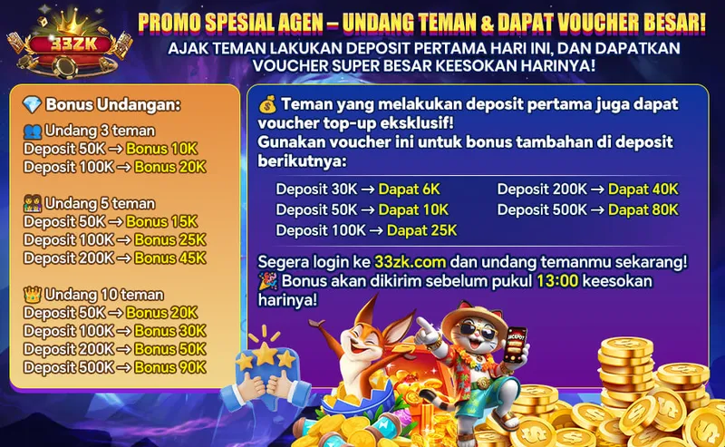 PROMO SPESIAL AGEN – UNDANG TEMAN & DAPAT VOUCHER BESAR! Ajak teman lakukan deposit pertama hari ini, dan dapatkan voucher super besar keesokan harinya! Bonus Undangan: Undang 3 teman (Depo 50K->10K, 100K->20K); Undang 5 teman (Depo 50K->15K, 100K->25K, 200K->45K); Undang 10 teman (Depo 50K->20K, 100K->30K, 200K->50K, 500K->90K). Teman yang diundang dapat voucher top-up eksklusif: Depo 30K->6K, 50K->10K, 100K->25K, 200K->40K, 500K->80K. Bonus dikirim sebelum pukul 13:00 keesokan harinya.