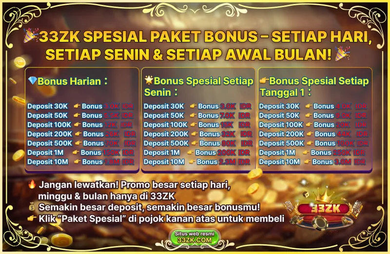 33ZK SPESIAL PAKET BONUS - SETIAP HARI, SETIAP SENIN & SETIAP AWAL BULAN!
Bonus Harian:
Deposit 30K -> Bonus 3.0K IDR
Deposit 50K -> Bonus 5.5K IDR
Deposit 100K -> Bonus 12K IDR
Deposit 200K -> Bonus 26K IDR
Deposit 500K -> Bonus 70K IDR
Deposit 1M -> Bonus 150K IDR
Deposit 10M -> Bonus 1.8M IDR

Bonus Spesial Setiap Senin:
Deposit 30K -> Bonus 3.0K IDR
Deposit 50K -> Bonus 7.0K IDR
Deposit 100K -> Bonus 15K IDR
Deposit 200K -> Bonus 32K IDR
Deposit 500K -> Bonus 80K IDR
Deposit 1M -> Bonus 200K IDR
Deposit 10M -> Bonus 2.3M IDR

Bonus Spesial Setiap Tanggal 1:
Deposit 30K -> Bonus 4.0K IDR
Deposit 50K -> Bonus 9.0K IDR
Deposit 100K -> Bonus 20K IDR
Deposit 200K -> Bonus 44K IDR
Deposit 500K -> Bonus 100K IDR
Deposit 1M -> Bonus 250K IDR
Deposit 10M -> Bonus 3.0M IDR

Jangan lewatkan! Promo besar setiap hari, minggu & bulan hanya di 33ZK. Semakin besar deposit, semakin besar bonusmu! Klik 'Paket Spesial' di pojok kanan atas untuk membeli.