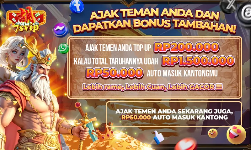 Undang teman untuk bergabung, melakukan deposit, dan mencapai target taruhan untuk mendapatkan bonus referral sebesar RP 50.000. - 7svip