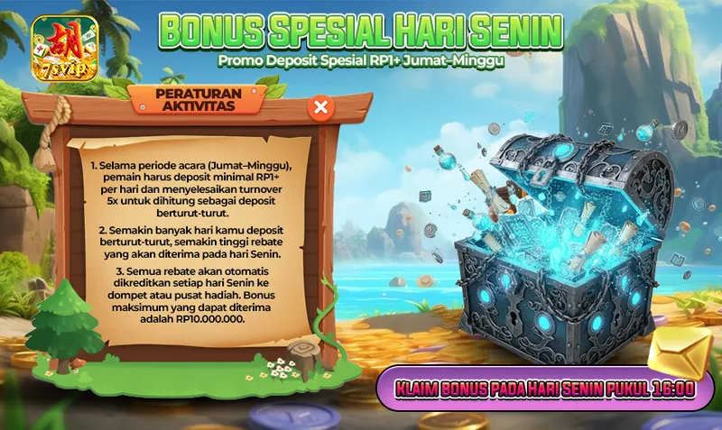 BONUS SPESIAL HARI SENIN. Promo Deposit Spesial RP1+ Jumat-Minggu. PERATURAN AKTIVITAS: 1. Selama periode acara (Jumat-Minggu), pemain harus deposit minimal RP1+ per hari dan menyelesaikan turnover 5x untuk dihitung sebagai deposit berturut-turut. 2. Semakin banyak hari kamu deposit berturut-turut, semakin tinggi rebate yang akan diterima pada hari Senin. 3. Semua rebate akan otomatis dikreditkan setiap hari Senin ke dompet atau pusat hadiah. Bonus maksimum yang dapat diterima adalah RP10.000.000. KLAIM BONUS PADA HARI SENIN PUKUL 16:00