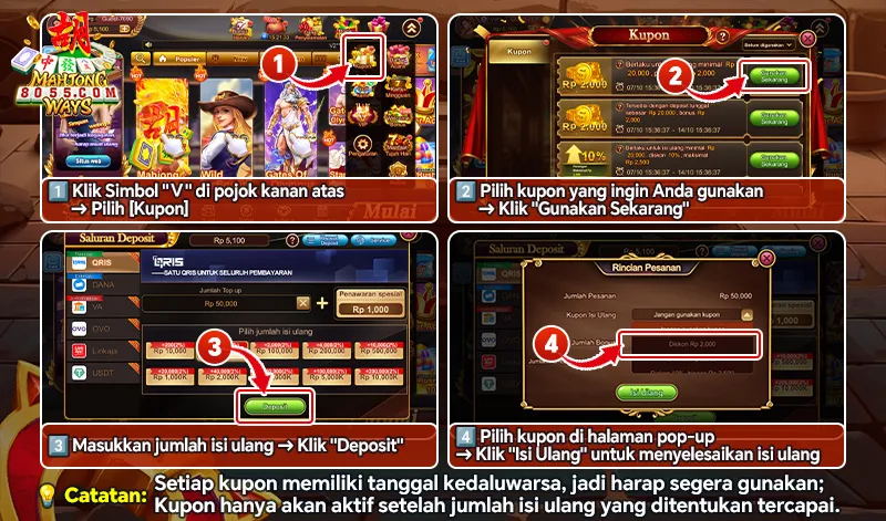 Panduan langkah demi langkah untuk menggunakan kupon bonus saat melakukan pengisian ulang (deposit) di platform Mahjong 8055. - 8055