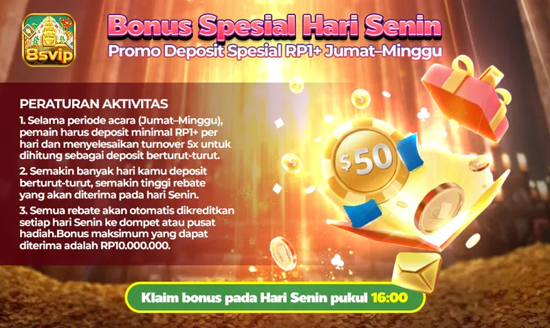 Bonus Spesial Hari Senin. Promo Deposit Spesial RP1+ Jumat-Minggu. PERATURAN AKTIVITAS: 1. Selama periode acara (Jumat-Minggu), pemain harus deposit minimal RP1+ per hari dan menyelesaikan turnover 5x untuk dihitung sebagai deposit berturut-turut. 2. Semakin banyak hari kamu deposit berturut-turut, semakin tinggi rebate yang akan diterima pada hari Senin. 3. Semua rebate akan otomatis dikreditkan setiap hari Senin ke dompet atau pusat hadiah. Bonus maksimum yang dapat diterima adalah RP10.000.000. Klaim bonus pada Hari Senin pukul 16:00.
