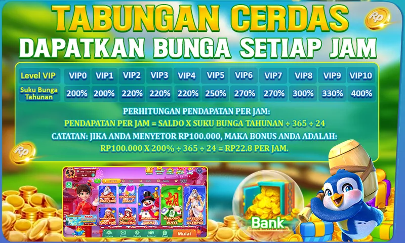 Program tabungan cerdas yang memberikan bunga setiap jam berdasarkan saldo dan level VIP pengguna. - 9399