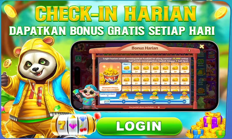 Kegiatan check-in harian untuk mendapatkan bonus koin gratis setiap hari dengan melakukan isi ulang minimal 25,000. - 9399