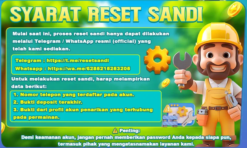 Informasi mengenai prosedur dan persyaratan resmi untuk melakukan reset kata sandi akun melalui saluran Telegram atau WhatsApp resmi. - 9399