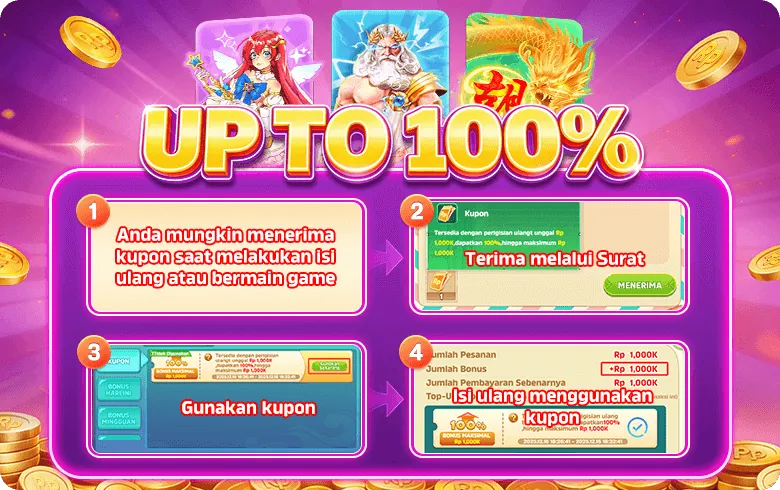 UP TO 100%. 1. Anda mungkin menerima kupon saat melakukan isi ulang atau bermain game. 2. Terima melalui Surat. Tersedia dengan pengisian ulang unggul Rp 1,000K, dapatkan 100% hingga maksimum Rp 1,000K. 3. Gunakan kupon. 4. Isi ulang menggunakan kupon. Jumlah Pesanan Rp 1,000K, Jumlah Bonus +Rp 1,000K.