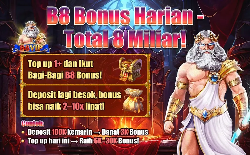 B8 Bonus Harian - Total 8 Miliar! Top up 1+ dan Ikut Bagi-Bagi B8 Bonus! Deposit lagi besok, bonus bisa naik 2-10x lipat! Contoh: Deposit 100K kemarin -> Dapat 3K Bonus. Top up hari ini -> Raih 6K-30K Bonus!