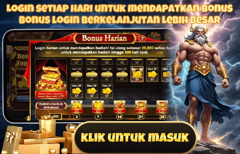 LOGIN SETIAP HARI UNTUK MENDAPATKAN BONUS. BONUS LOGIN BERKELANJUTAN LEBIH BESAR. Bonus Harian: Login harian untuk mendapatkan hadiah! Isi ulang sebesar 20,000 setiap hari untuk mendapatkan hadiah hingga 500 kali lipat. Akumulasi check-in dapat diperoleh 1,777. Hadiah check-in terkumpul: 3 hari (177), 7 hari (377), 14 hari (577), 21 hari (777), 28 hari (1,777).