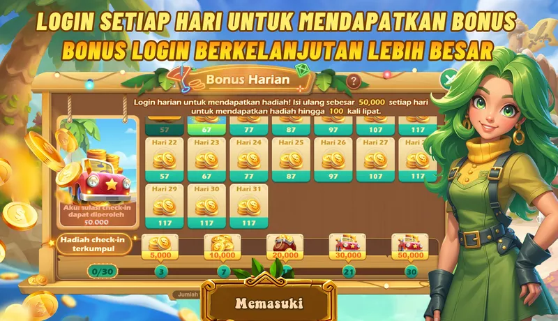 LOGIN SETIAP HARI UNTUK MENDAPATKAN BONUS. BONUS LOGIN BERKELANJUTAN LEBIH BESAR. Bonus Harian: Login harian untuk mendapatkan hadiah! Isi ulang sebesar 50,000 setiap hari untuk mendapatkan hadiah hingga 100 kali lipat. Akumulasi check-in dapat diperoleh 50,000. Hadiah check-in terkumpul: 3 hari (5,000), 7 hari (10,000), 14 hari (20,000), 21 hari (30,000), 30 hari (50,000).