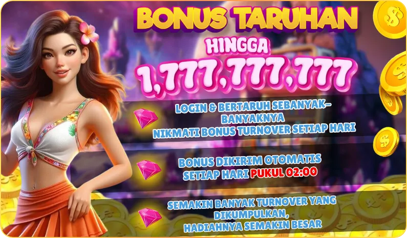 BONUS TARUHAN HINGGA 1,777,777,777. LOGIN & BERTARUH SEBANYAK-BANYAKNYA NIKMATI BONUS TURNOVER SETIAP HARI. BONUS DIKIRIM OTOMATIS SETIAP HARI PUKUL 02:00. SEMAKIN BANYAK TURNOVER YANG DIKUMPULKAN, HADIAHNYA SEMAKIN BESAR.