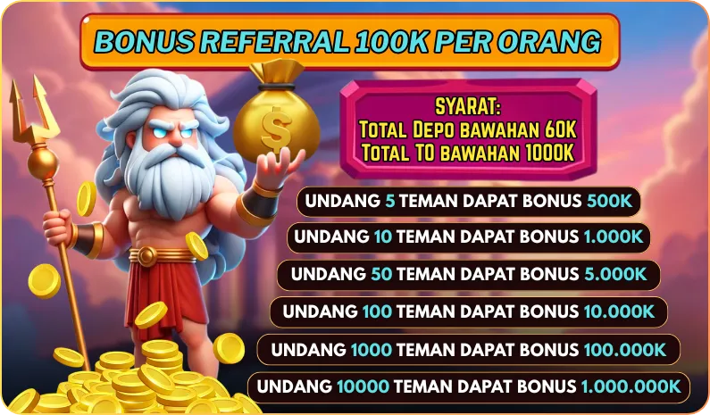 BONUS REFERRAL 100K PER ORANG. SYARAT: TOTAL DEPO BAWAHAN 60K, TOTAL TO BAWAHAN 1000K. UNDANG 5 TEMAN DAPAT BONUS 500K. UNDANG 10 TEMAN DAPAT BONUS 1.000K. UNDANG 50 TEMAN DAPAT BONUS 5.000K. UNDANG 100 TEMAN DAPAT BONUS 10.000K. UNDANG 1000 TEMAN DAPAT BONUS 100.000K. UNDANG 10000 TEMAN DAPAT BONUS 1.000.000K.