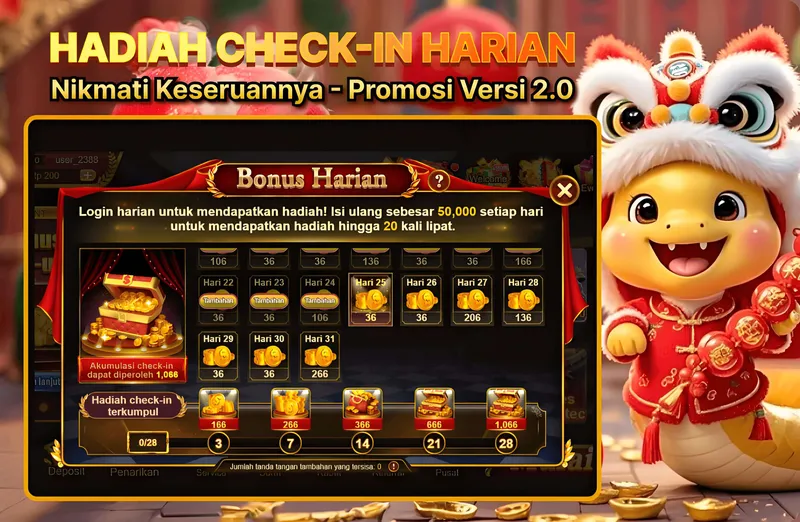 Program check-in harian di mana pengguna dapat mengklaim hadiah setiap hari dengan melakukan login dan pengisian ulang harian untuk meningkatkan hadiah hingga 20 kali lipat. - d06