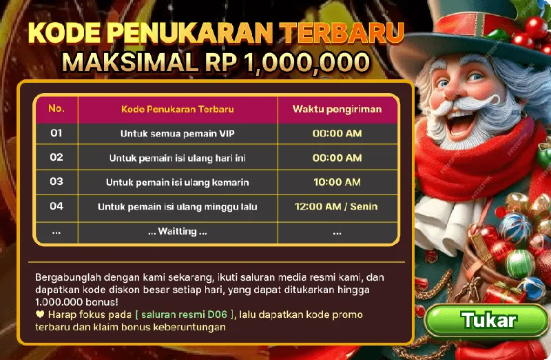 Dapatkan kode penukaran terbaru setiap hari dengan bonus hingga Rp 1.000.000 melalui saluran resmi. - d06