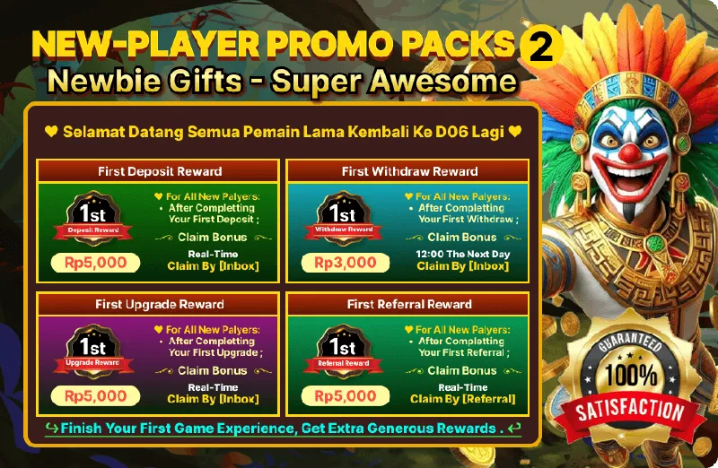 NEW-PLAYER PROMO PACKS 2 - Newbie Gifts - Super Awesome. Selamat Datang Semua Pemain Lama Kembali Ke D06 Lagi. First Deposit Reward: Rp5,000 (Real-Time Claim By Inbox). First Withdraw Reward: Rp3,000 (12:00 The Next Day Claim By Inbox). First Upgrade Reward: Rp5,000 (Real-Time Claim By Inbox). First Referral Reward: Rp5,000 (Real-Time Claim By Referral). Finish Your First Game Experience, Get Extra Generous Rewards.