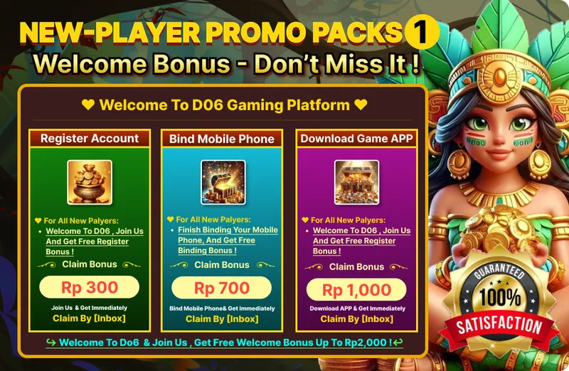 NEW-PLAYER PROMO PACKS 1. Welcome Bonus - Don't Miss It! Welcome To DO6 Gaming Platform. Register Account: For All New Players: Welcome To DO6, Join Us And Get Free Register Bonus! Rp 300. Claim By [Inbox]. Bind Mobile Phone: For All New Players: Finish Binding Your Mobile Phone, And Get Free Binding Bonus! Rp 700. Claim By [Inbox]. Download Game APP: For All New Players: Welcome To DO6, Join Us And Get Free Register Bonus! Rp 1,000. Claim By [Inbox]. Welcome To DO6 & Join Us, Get Free Welcome Bonus Up To Rp 2,000!