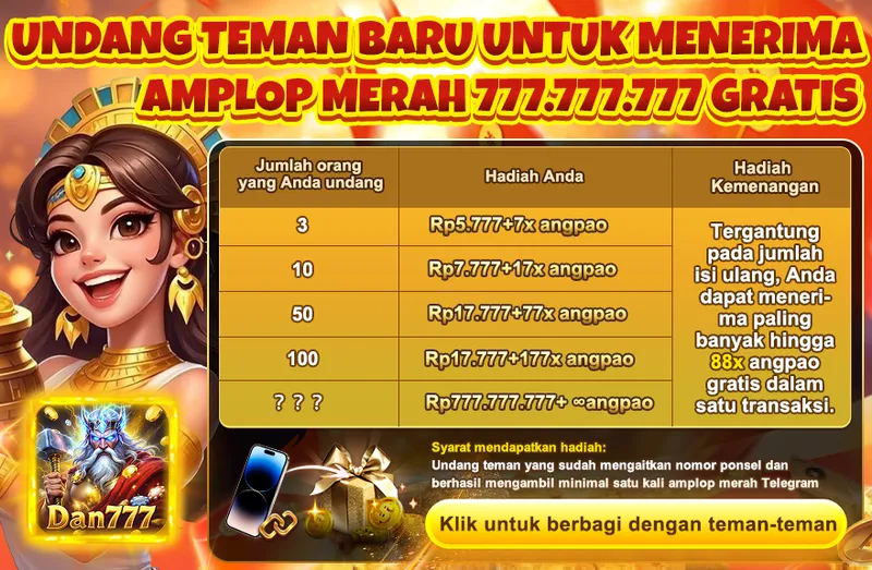 UNDANG TEMAN BARU UNTUK MENERIMA AMPLOP MERAH 777.777.777 GRATIS. Jumlah orang yang Anda undang: 3 (Rp5.777+7x angpao), 10 (Rp7.777+17x angpao), 50 (Rp17.777+77x angpao), 100 (Rp17.777+177x angpao), ??? (Rp777.777.777+ ∞ angpao). Hadiah Kemenangan: Tergantung pada jumlah isi ulang, Anda dapat menerima paling banyak hingga 88x angpao gratis dalam satu transaksi. Syarat mendapatkan hadiah: Undang teman yang sudah mengaitkan nomor ponsel dan berhasil mengambil minimal satu kali amplop merah Telegram.