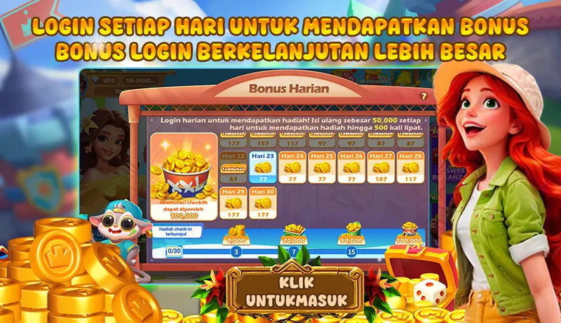 LOGIN SETIAP HARI UNTUK MENDAPATKAN BONUS. BONUS LOGIN BERKELANJUTAN LEBIH BESAR. Bonus Harian: Login harian untuk mendapatkan hadiah! Isi ulang sebesar 50,000 setiap hari untuk mendapatkan hadiah hingga 500 kali lipat. Akumulasi check-in dapat diperoleh 100,000. Hadiah check-in terkumpul: 8,000 (3 hari), 20,000 (7 hari), 50,000 (15 hari), 100,000 (30 hari).