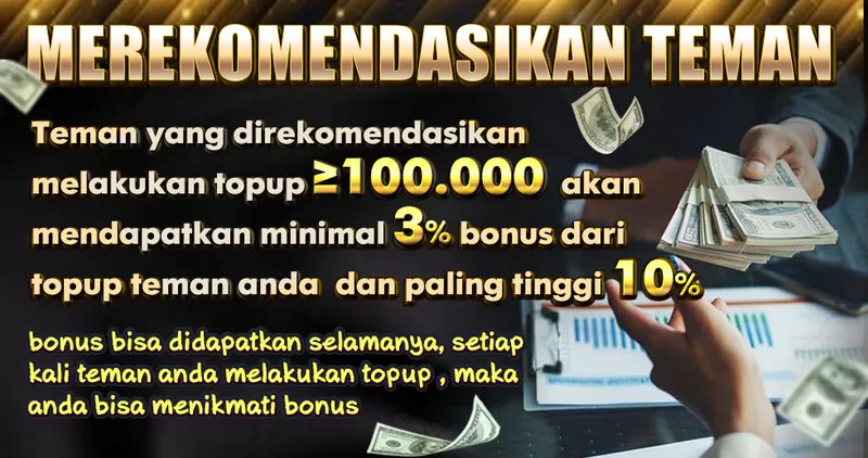 MEREKOMENDASIKAN TEMAN. Teman yang direkomendasikan melakukan topup ≥ 100.000 akan mendapatkan minimal 3% bonus dari topup teman anda dan paling tinggi 10%. bonus bisa didapatkan selamanya, setiap kali teman anda melakukan topup, maka anda bisa menikmati bonus.