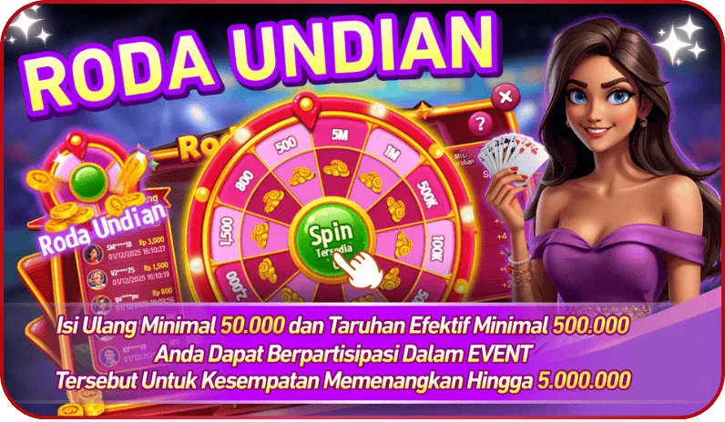 RODA UNDIAN. Isi Ulang Minimal 50.000 dan Taruhan Efektif Minimal 500.000 Anda Dapat Berpartisipasi Dalam EVENT Tersebut Untuk Kesempatan Memenangkan Hingga 5.000.000. Spin Tersedia. Hadiah: 500, 800, 1.500, 2.000, 50, 100K, 500K, 1M, 5M.