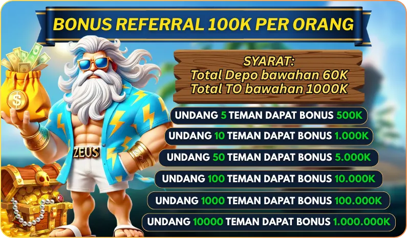 BONUS REFERRAL 100K PER ORANG. SYARAT: Total Depo bawahan 60K, Total TO bawahan 1000K. UNDANG 5 TEMAN DAPAT BONUS 500K. UNDANG 10 TEMAN DAPAT BONUS 1.000K. UNDANG 50 TEMAN DAPAT BONUS 5.000K. UNDANG 100 TEMAN DAPAT BONUS 10.000K. UNDANG 1000 TEMAN DAPAT BONUS 100.000K. UNDANG 10000 TEMAN DAPAT BONUS 1.000.000K.