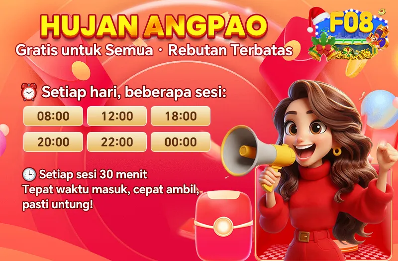 HUJAN ANGPAO. Gratis untuk Semua • Rebutan Terbatas. Setiap hari, beberapa sesi: 08:00, 12:00, 18:00, 20:00, 22:00, 00:00. Setiap sesi 30 menit. Tepat waktu masuk, cepat ambil, pasti untung!