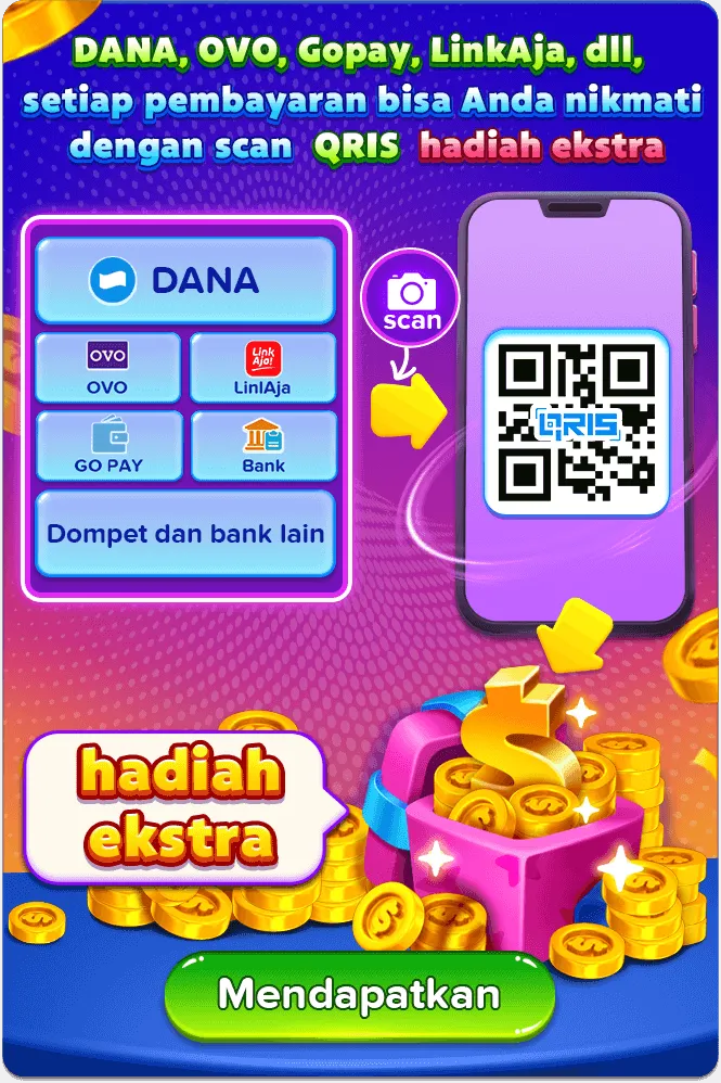 DANA, OVO, Gopay, LinkAja, dll, setiap pembayaran bisa Anda nikmati dengan scan QRIS hadiah ekstra. DANA, OVO, LinkAja, GO PAY, Bank, Dompet dan bank lain. Hadiah ekstra. Mendapatkan.