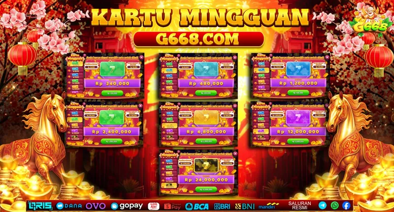 KARTU MINGGUAN G668.COM. Anda hanya dapat memilih satu untuk dibeli. Pilihan kartu: Rp 240.000 (Beli Rp 100.000), Rp 480.000 (Beli Rp 200.000), Rp 1.200.000 (Beli Rp 500.000), Rp 2.400.000 (Beli Rp 1.000.000), Rp 4.800.000 (Beli Rp 2.000.000), Rp 12.000.000 (Beli Rp 5.000.000), Rp 24.000.000 (Beli Rp 10.000.000).