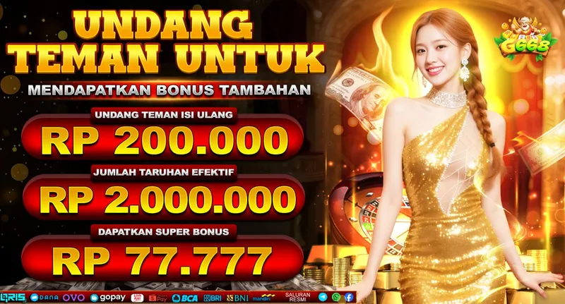 UNDANG TEMAN UNTUK MENDAPATKAN BONUS TAMBAHAN. UNDANG TEMAN ISI ULANG RP 200.000. JUMLAH TARUHAN EFEKTIF RP 2.000.000. DAPATKAN SUPER BONUS RP 77.777.