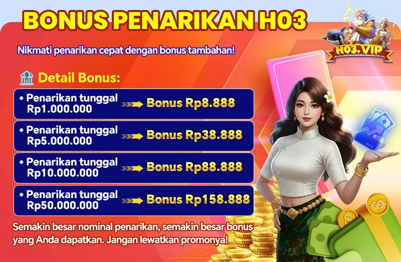 BONUS PENARIKAN H03. Nikmati penarikan cepat dengan bonus tambahan! Detail Bonus: Penarikan tunggal Rp1.000.000 -> Bonus Rp8.888; Penarikan tunggal Rp5.000.000 -> Bonus Rp38.888; Penarikan tunggal Rp10.000.000 -> Bonus Rp88.888; Penarikan tunggal Rp50.000.000 -> Bonus Rp158.888. Semakin besar nominal penarikan, semakin besar bonus yang Anda dapatkan. Jangan lewatkan promonya!