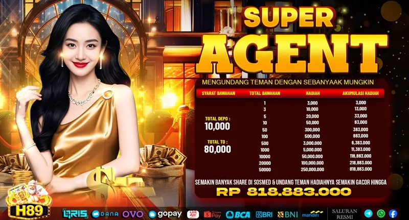 SUPER AGENT. MENGUNDANG TEMAN DENGAN SEBANYAK MUNGKIN. SYARAT BAWAHAN: TOTAL DEPO 10,000, TOTAL TO 80,000. TOTAL BAWAHAN & HADIAH: 1 (3,000), 3 (10,000), 5 (20,000), 10 (50,000), 50 (300,000), 100 (500,000), 500 (3,000,000), 1000 (5,000,000), 10000 (50,000,000), 20000 (100,000,000), 50000 (250,000,000). AKUMULASI HADIAH HINGGA RP 818.883.000. SEMAKIN BANYAK SHARE DI SOSMED & UNDANG TEMAN HADIAHNYA SEMAKIN GACOR.