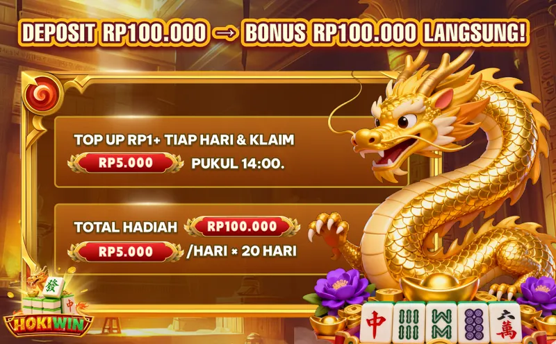DEPOSIT RP100.000 BONUS RP100.000 LANGSUNG! TOP UP RP1+ TIAP HARI & KLAIM RP5.000 PUKUL 14:00. TOTAL HADIAH RP100.000 (RP5.000/HARI x 20 HARI).