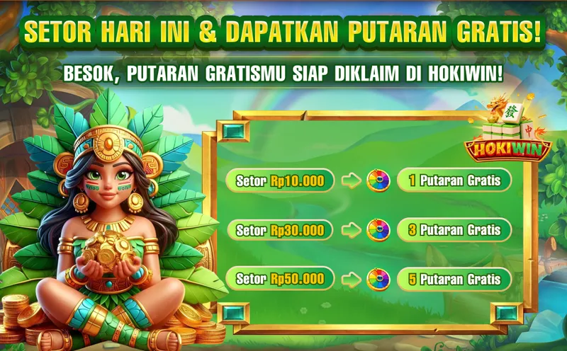 SETOR HARI INI & DAPATKAN PUTARAN GRATIS! BESOK, PUTARAN GRATISMU SIAP DIKLAIM DI HOKIWIN! Setor Rp10.000 -> 1 Putaran Gratis, Setor Rp30.000 -> 3 Putaran Gratis, Setor Rp50.000 -> 5 Putaran Gratis.