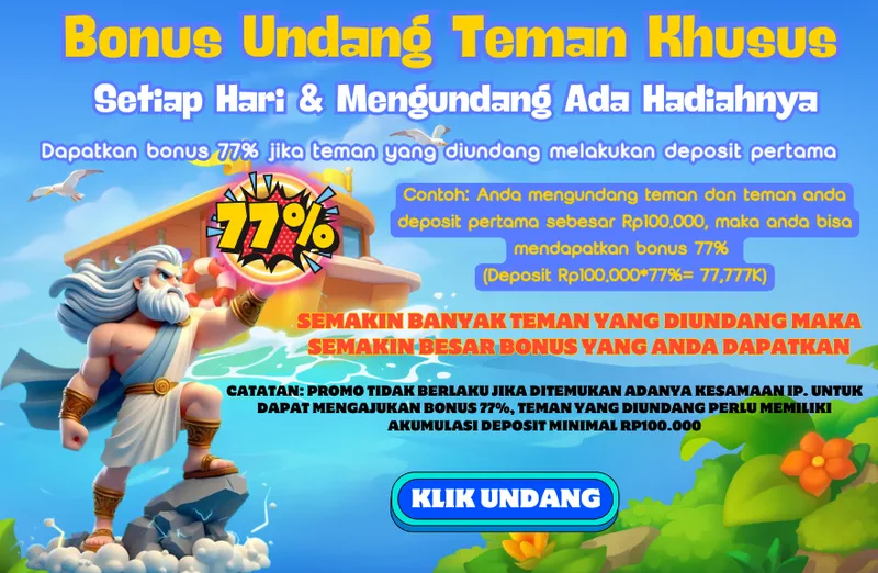 Bonus Undang Teman Khusus. Setiap Hari & Mengundang Ada Hadiahnya. Dapatkan bonus 77% jika teman yang diundang melakukan deposit pertama. Contoh: Anda mengundang teman dan teman anda deposit pertama sebesar Rp100,000, maka anda bisa mendapatkan bonus 77% (Deposit Rp100,000*77%= 77,777K). SEMAKIN BANYAK TEMAN YANG DIUNDANG MAKA SEMAKIN BESAR BONUS YANG ANDA DAPATKAN. CATATAN: PROMO TIDAK BERLAKU JIKA DITEMUKAN ADANYA KESAMAAN IP. UNTUK DAPAT MENGAJUKAN BONUS 77%, TEMAN YANG DIUNDANG PERLU MEMILIKI AKUMULASI DEPOSIT MINIMAL RP100.000.