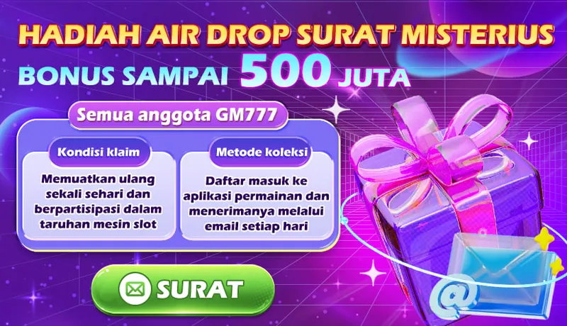 HADIAH AIR DROP SURAT MISTERIUS. BONUS SAMPAI 500 JUTA. Semua anggota GM777. Kondisi klaim: Memuatkan ulang sekali sehari dan berpartisipasi dalam taruhan mesin slot. Metode koleksi: Daftar masuk ke aplikasi permainan dan menerimanya melalui email setiap hari.