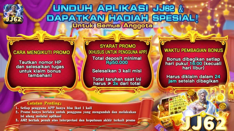Unduh aplikasi JJ62, tautkan nomor HP, dan selesaikan misi deposit serta taruhan untuk mendapatkan hadiah spesial bagi semua anggota. - jj62
