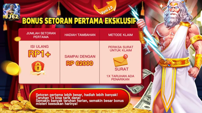 Bonus eksklusif untuk setoran pertama dengan hadiah tambahan hingga RP 62.000 dan syarat penarikan yang rendah. - jj62