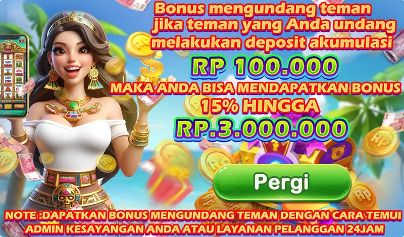Bonus mengundang teman jika teman yang Anda undang melakukan deposit akumulasi RP 100.000 MAKA ANDA BISA MENDAPATKAN BONUS 15% HINGGA RP.3.000.000. NOTE: DAPATKAN BONUS MENGUNDANG TEMAN DENGAN CARA TEMUI ADMIN KESAYANGAN ANDA ATAU LAYANAN PELANGGAN 24JAM