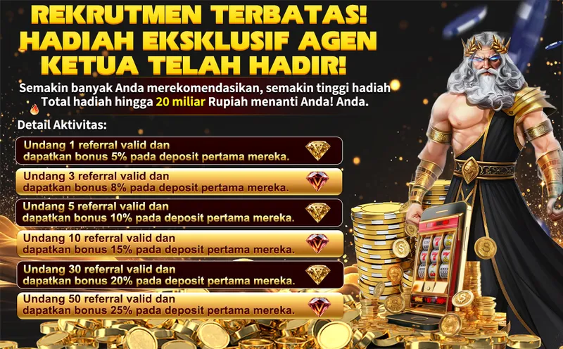 REKRUTMEN TERBATAS! HADIAH EKSKLUSIF AGEN KETUA TELAH HADIR! Semakin banyak Anda merekomendasikan, semakin tinggi hadiah. Total hadiah hingga 20 miliar Rupiah menanti Anda! Detail Aktivitas: Undang 1 referral valid dan dapatkan bonus 5% pada deposit pertama mereka. Undang 3 referral valid dan dapatkan bonus 8% pada deposit pertama mereka. Undang 5 referral valid dan dapatkan bonus 10% pada deposit pertama mereka. Undang 10 referral valid dan dapatkan bonus 15% pada deposit pertama mereka. Undang 30 referral valid dan dapatkan bonus 20% pada deposit pertama mereka. Undang 50 referral valid dan dapatkan bonus 25% pada deposit pertama mereka.