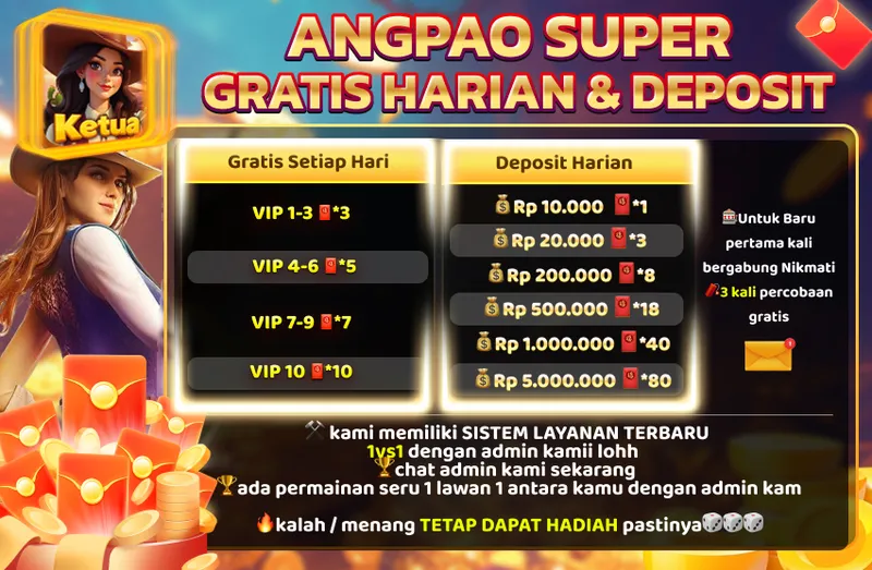 ANGPAO SUPER GRATIS HARIAN & DEPOSIT. Gratis Setiap Hari: VIP 1-3 dapat 3 angpao, VIP 4-6 dapat 5 angpao, VIP 7-9 dapat 7 angpao, VIP 10 dapat 10 angpao. Deposit Harian: Rp 10.000 (1 angpao), Rp 20.000 (3 angpao), Rp 200.000 (8 angpao), Rp 500.000 (18 angpao), Rp 1.000.000 (40 angpao), Rp 5.000.000 (80 angpao). Untuk baru pertama kali bergabung nikmati 3 kali percobaan gratis. Sistem layanan terbaru 1vs1 dengan admin kami.