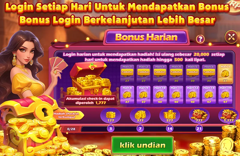 Login Setiap Hari Untuk Mendapatkan Bonus. Bonus Login Berkelanjutan Lebih Besar. Bonus Harian. Login harian untuk mendapatkan hadiah! Isi ulang sebesar 20,000 setiap hari untuk mendapatkan hadiah hingga 500 kali lipat. Akumulasi check-in dapat diperoleh 1,777. Hari 1-14 rewards available. Milestone rewards at 3, 7, 14, 21, 28 days.