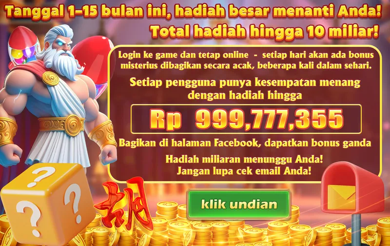 Tanggal 1-15 bulan ini, hadiah besar menanti Anda! Total hadiah hingga 10 miliar! Login ke game dan tetap online - setiap hari akan ada bonus misterius dibagikan secara acak, beberapa kali dalam sehari. Setiap pengguna punya kesempatan menang dengan hadiah hingga Rp 999,777,355. Bagikan di halaman Facebook, dapatkan bonus ganda. Hadiah miliaran menunggu Anda! Jangan lupa cek email Anda! klik undian