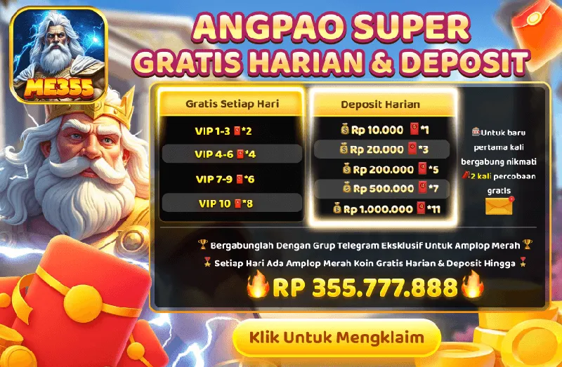 ANGPAO SUPER GRATIS HARIAN & DEPOSIT. Gratis Setiap Hari: VIP 1-3 dapat 2 angpao, VIP 4-6 dapat 4 angpao, VIP 7-9 dapat 6 angpao, VIP 10 dapat 8 angpao. Deposit Harian: Rp 10.000 dapat 1 angpao, Rp 20.000 dapat 3 angpao, Rp 200.000 dapat 5 angpao, Rp 500.000 dapat 7 angpao, Rp 1.000.000 dapat 11 angpao. Untuk baru pertama kali bergabung nikmati 2 kali percobaan gratis. Bergabunglah Dengan Grup Telegram Eksklusif Untuk Amplop Merah.