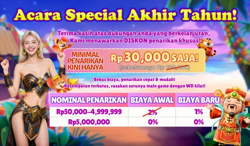 Acara Special Akhir Tahun! Terima kasih atas dukungan anda yang berkelanjutan, Kami menawarkan DISKON penarikan khusus! MINIMAL PENARIKAN KINI HANYA Rp 30,000 SAJA! (sebelumnya Rp 100,000). Bebas biaya, penarikan cepat & mudah! Kesempatan terbatas, rasakan serunya main game dengan WD kilat! NOMINAL PENARIKAN Rp50,000-4,999,999 BIAYA AWAL 2% BIAYA BARU 1%. Rp5,000,000 BIAYA AWAL 0% BIAYA BARU 0%.