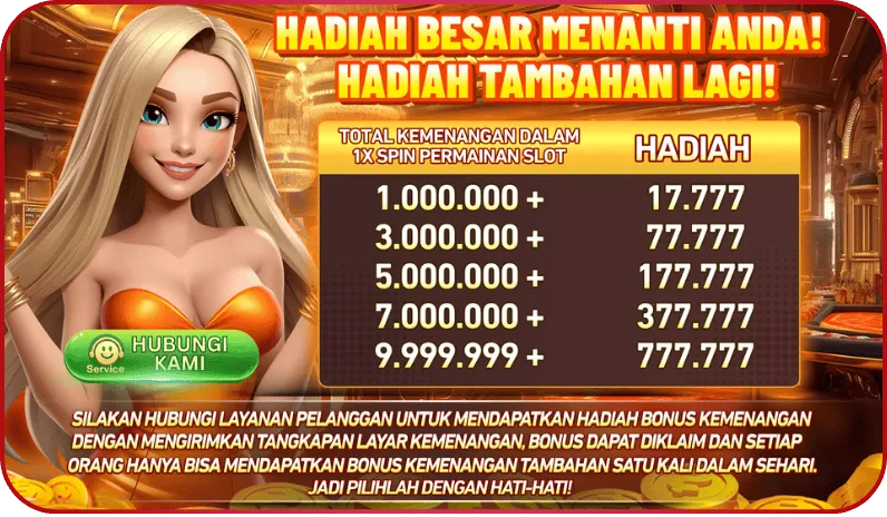 HADIAH BESAR MENANTI ANDA! HADIAH TAMBAHAN LAGI! TOTAL KEMENANGAN DALAM 1X SPIN PERMAINAN SLOT. 1.000.000+ Hadiah 17.777; 3.000.000+ Hadiah 77.777; 5.000.000+ Hadiah 177.777; 7.000.000+ Hadiah 377.777; 9.999.999+ Hadiah 777.777. SILAKAN HUBUNGI LAYANAN PELANGGAN UNTUK MENDAPATKAN HADIAH BONUS KEMENANGAN DENGAN MENGIRIMKAN TANGKAPAN LAYAR KEMENANGAN, BONUS DAPAT DIKLAIM DAN SETIAP ORANG HANYA BISA MENDAPATKAN BONUS KEMENANGAN TAMBAHAN SATU KALI DALAM SEHARI. JADI PILIHLAH DENGAN HATI-HATI!