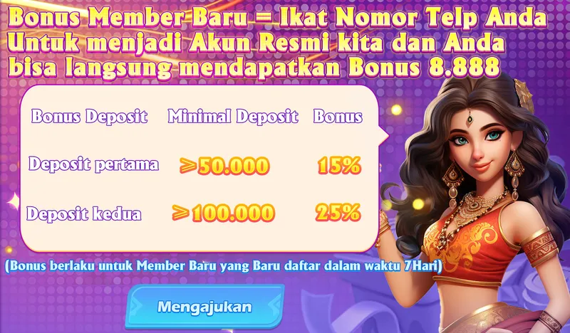 Bonus Member Baru = Ikat Nomor Telp Anda Untuk menjadi Akun Resmi kita dan Anda bisa langsung mendapatkan Bonus 8.888. Bonus Deposit: Deposit pertama >= 50.000 Bonus 15%, Deposit kedua >= 100.000 Bonus 25%. (Bonus berlaku untuk Member Baru yang Baru daftar dalam waktu 7 Hari)