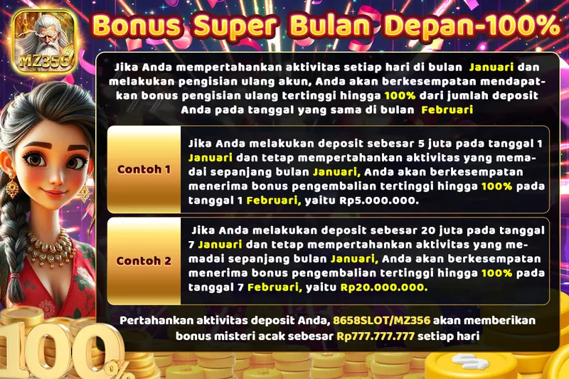 Pertahankan aktivitas setiap hari di bulan Januari dan lakukan pengisian ulang untuk mendapatkan bonus hingga 100% pada tanggal yang sama di bulan Februari. - mz356