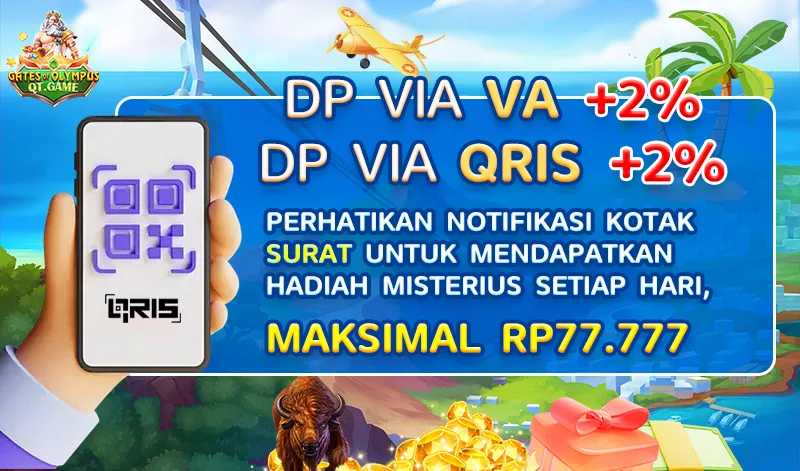 Melalui metode pembayaran VA dan QRIS, pengguna bisa mendapatkan bonus tambahan sebesar 2% dan hadiah misteri harian hingga Rp77.777. - qtgame
